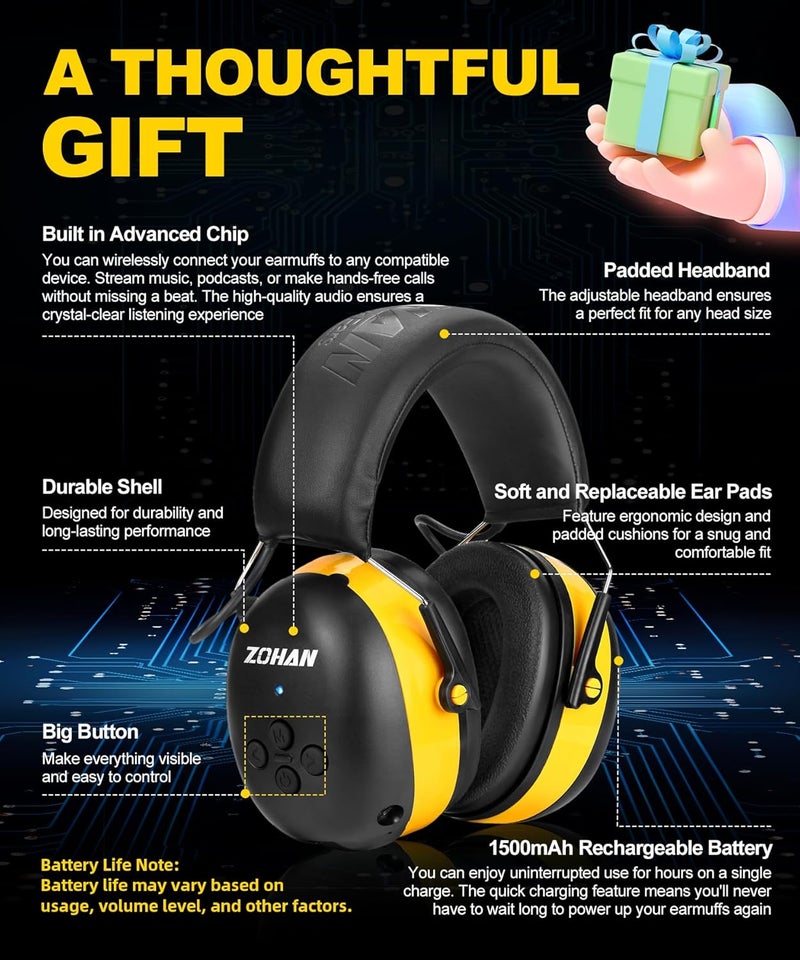 Zohan EM037 Bluetooth Hearing Protection,30dB SNR Noise Reduction Ear Protection with 1500mAh Rechargeable Battery,Headphones with 40H playtime for Mowing, Snowblowing, Construction,Workshops - Image 5